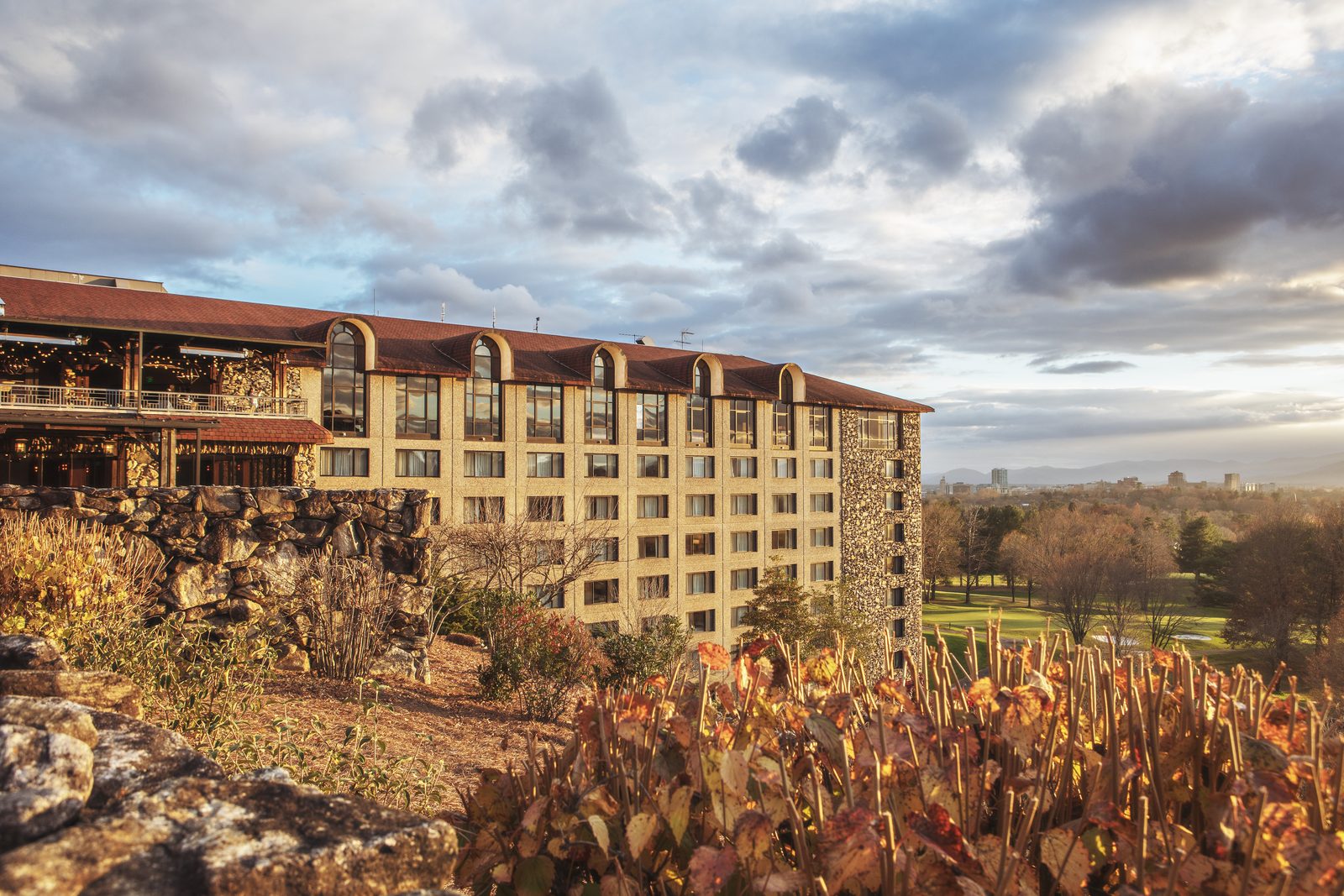 The historic Grove Park Inn above Asheville at golden hour