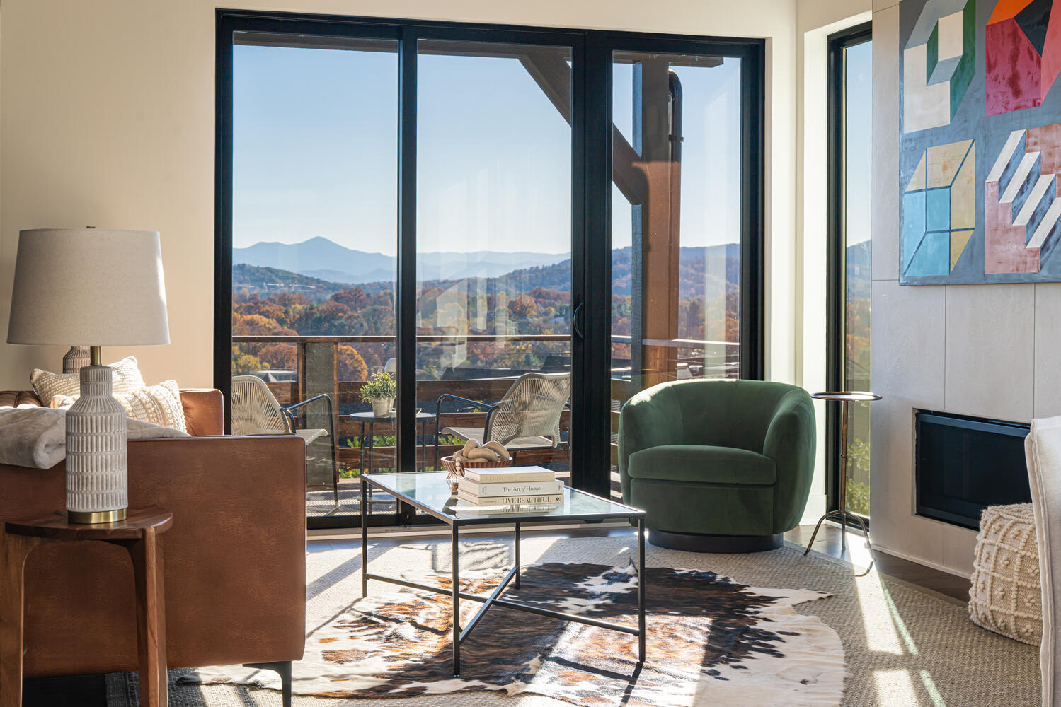 Living room with panoramic Blue Ridge Mountain views