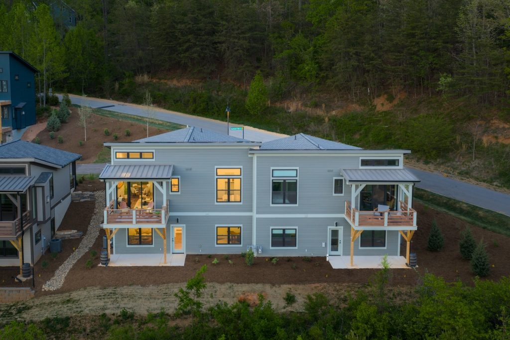 Aerial view of a Reynolds Mountain paired villa — two homes in one building, sharing a single wall