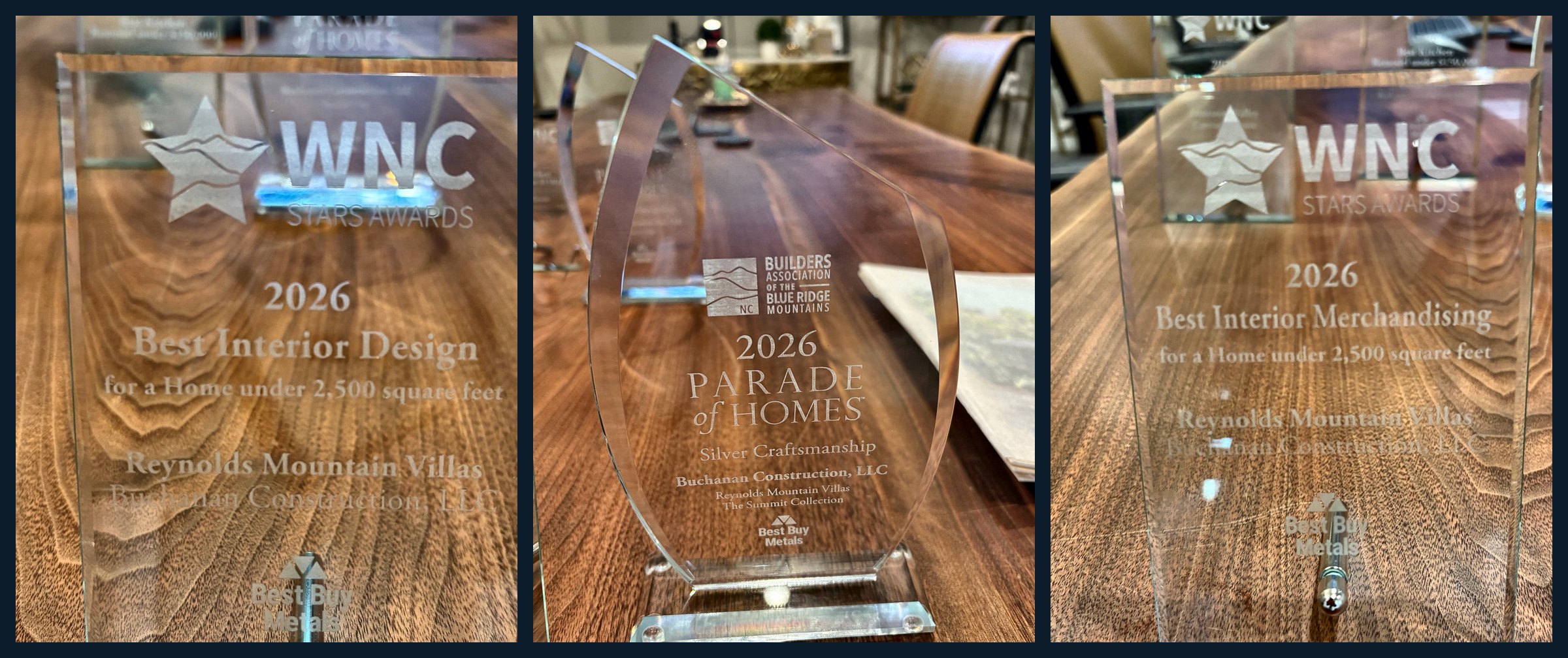 The three 2026 awards for Reynolds Mountain Villas: Best Interior Design, Silver Craftsmanship and Best Interior Merchandising