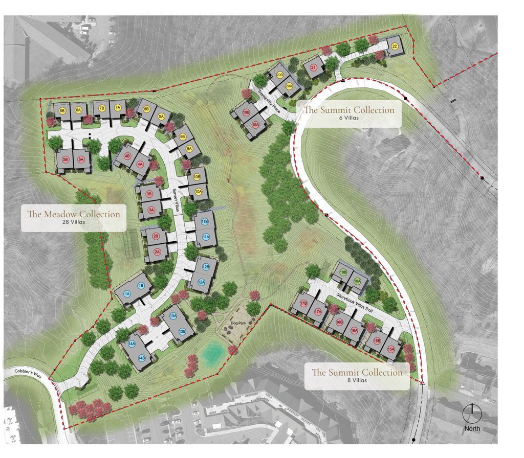 Reynolds Mountain Villas site plan showing the Meadow Collection — 28 villas ascending the mountain