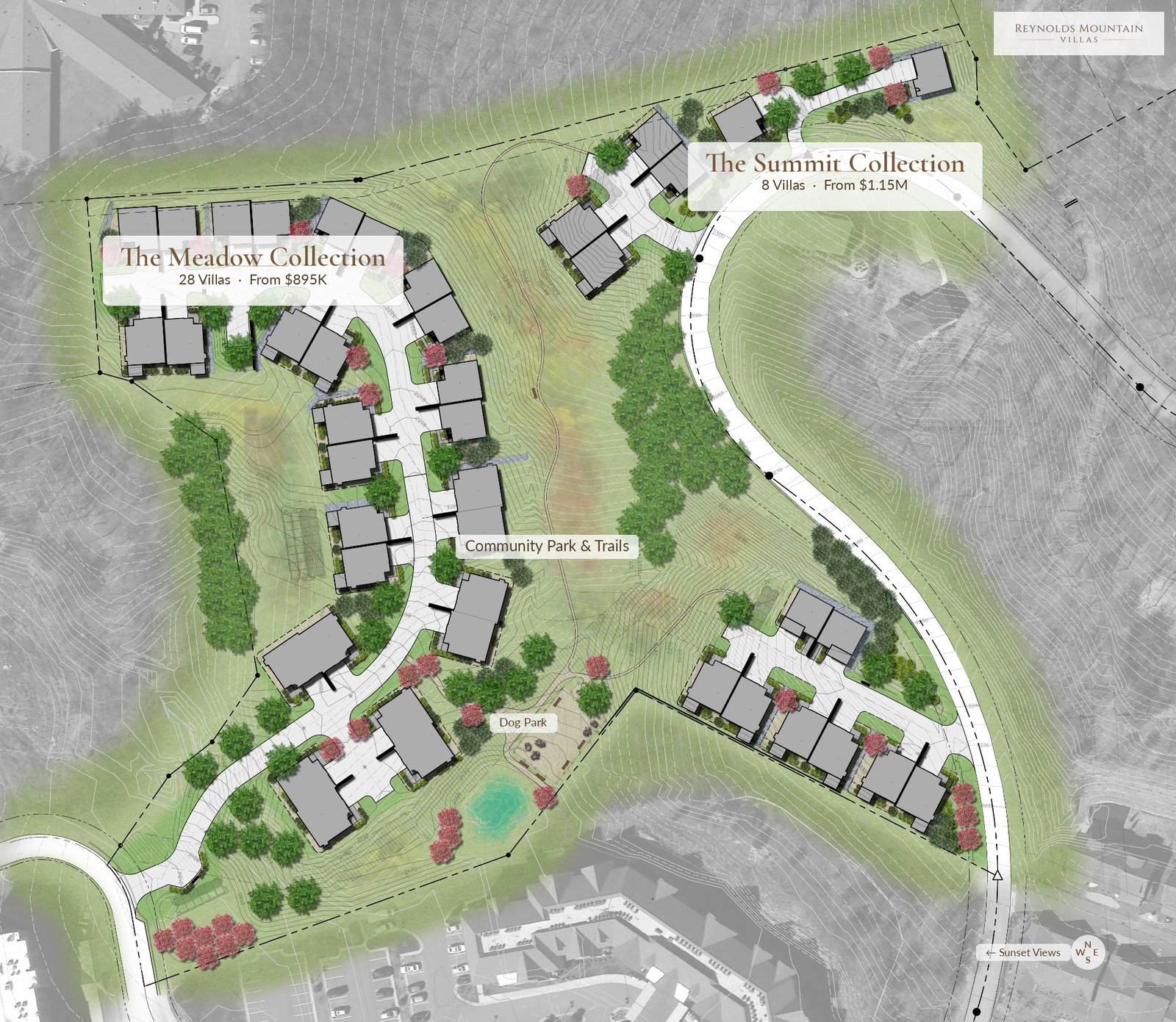 Reynolds Mountain Villas site plan showing community park, dog park, and trail network