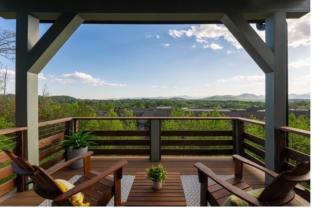 Summit Collection covered deck with adirondack chairs and panoramic Blue Ridge views