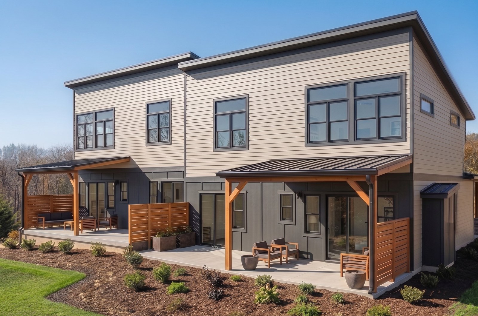 The Chestnut — rear exterior rendering with covered patios and paired-villa privacy walls